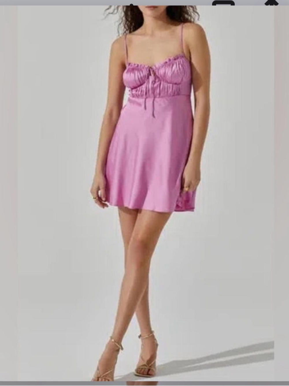 Astr Pink Satin Mini Slip Dress with Ruched Bust & Tie